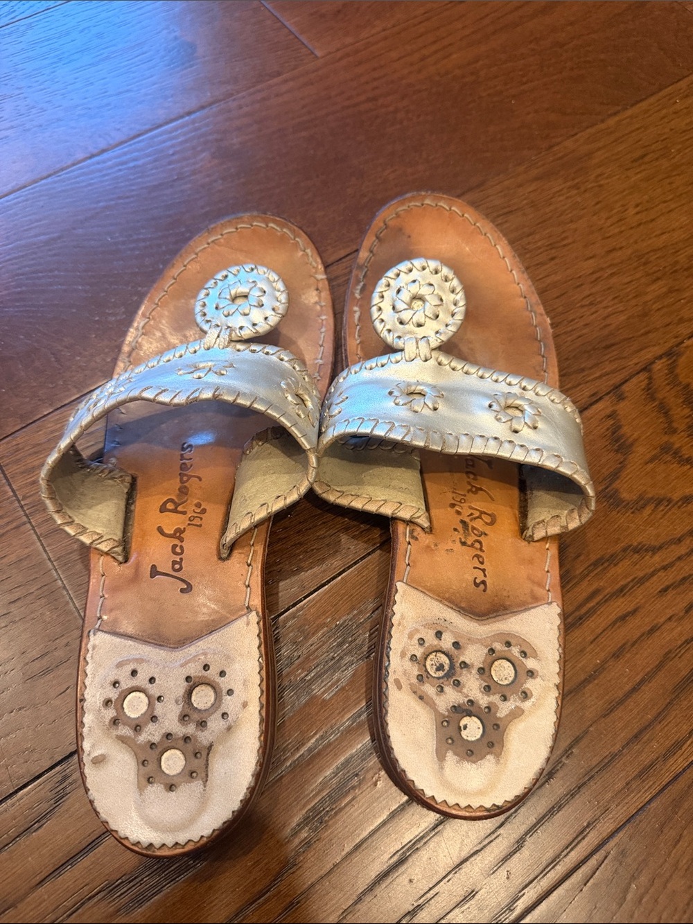 Jack Rogers Silver Leather Rosette Thong Sandals